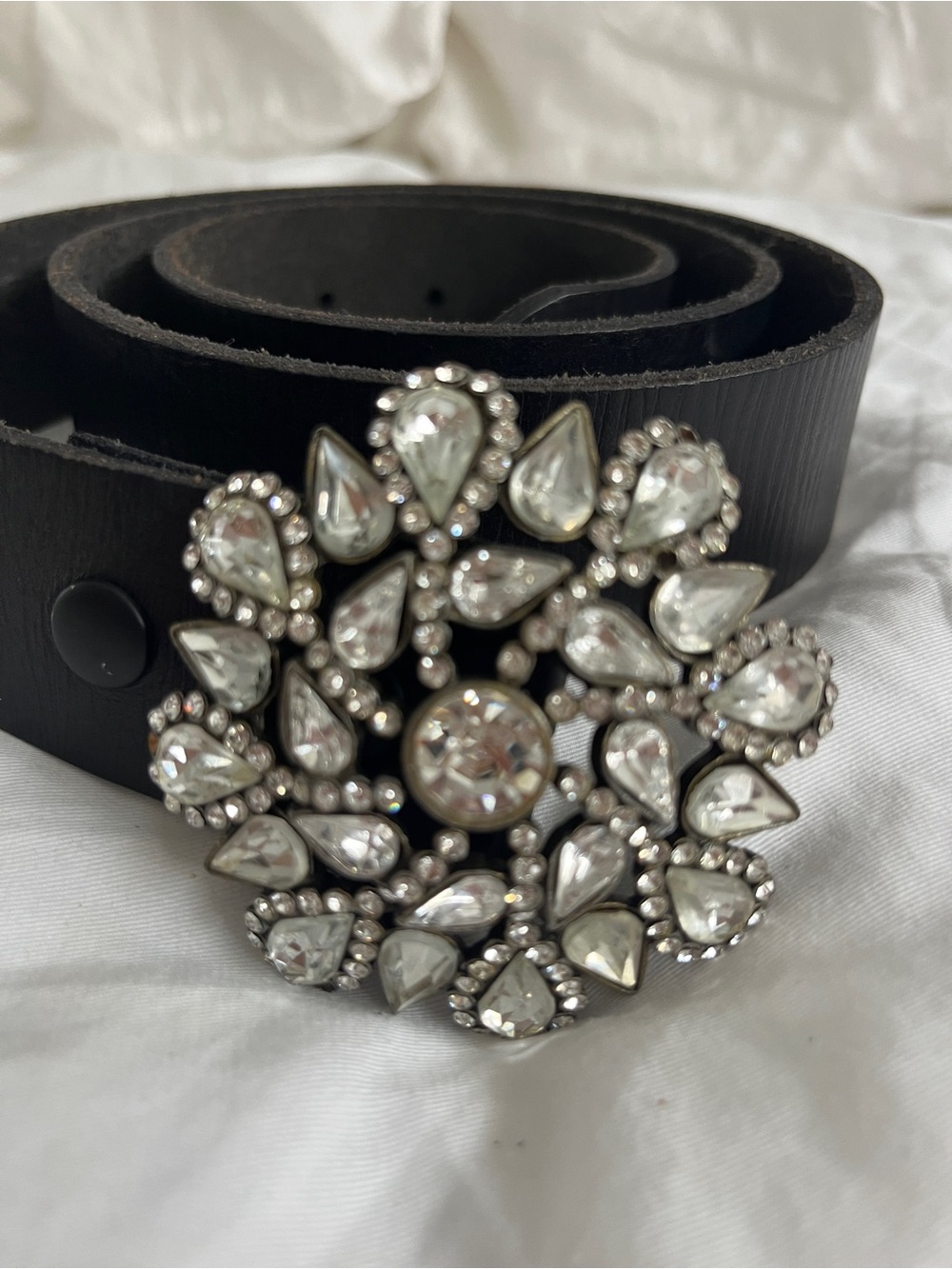 Black Leather Belt with Crystal Floral Buckle